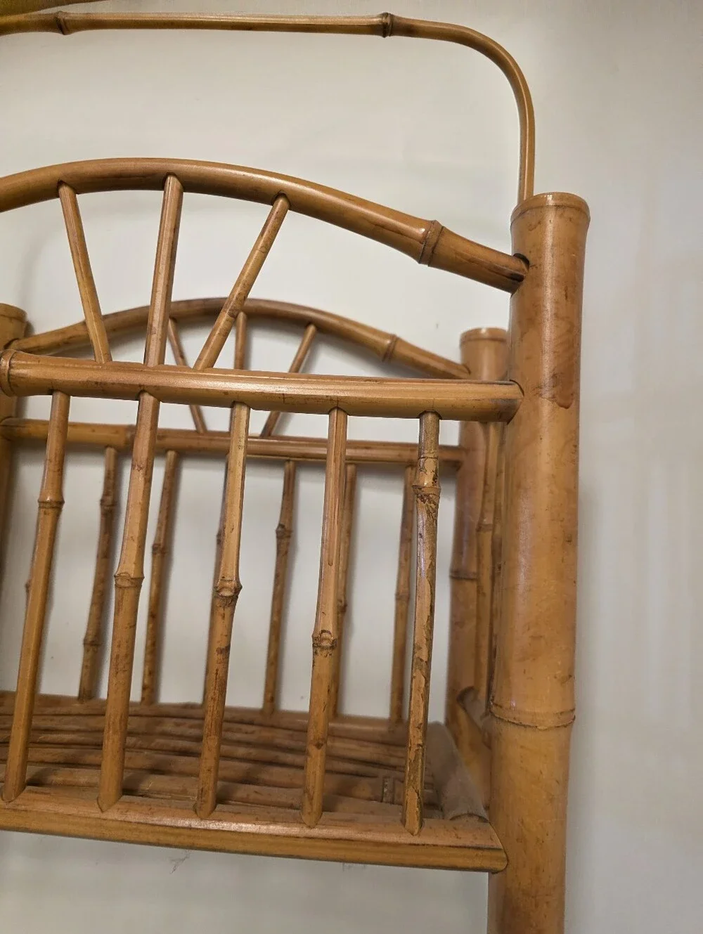 Vintage MCM Bamboo Rattan Magazine Rack Sunburst Arch Handle Boho Tiki Storage